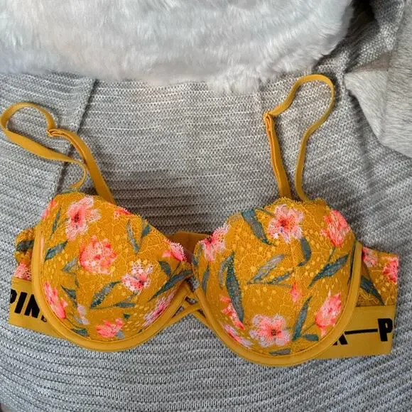 Victoria's Secret PINK Date Push Up Padded Yellow Floral Bra 34C - Picture 2 of 10